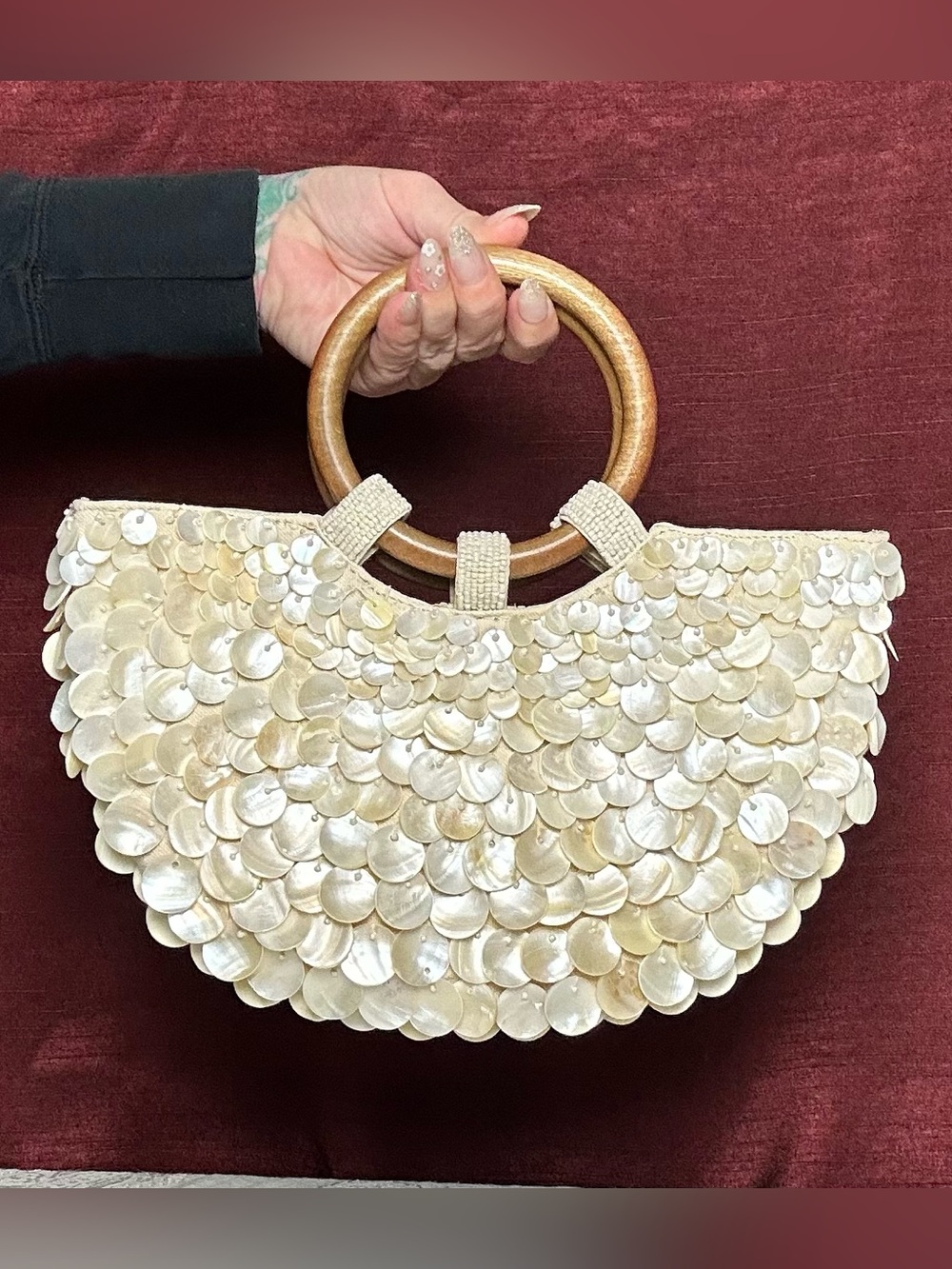 Zara Mother of Pearl Shell Sequin Bag β’ Wood Handles β’ NWOT πβ¨